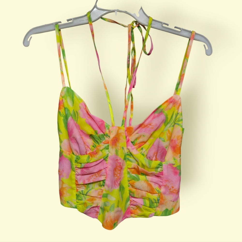 ASOS Floral Crop Top Sz 4 Small NEW Yellow Pink Green Orange